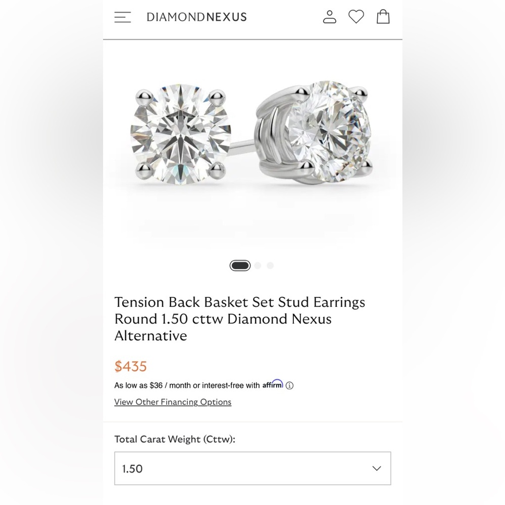 Tension Back Basket Set Stud Earrings Round 1.50 cttw Diamond Nexus Alternative